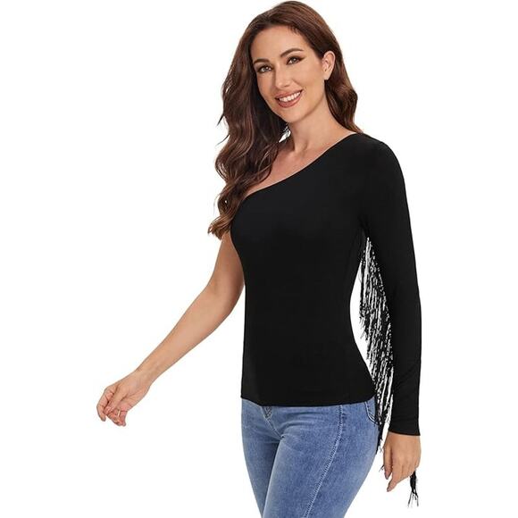 Verdusa Women's Fringe Trim One Shoulder Long Sleeve Fitted Top Small - Picture 1 of 12